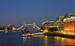 Tower Bridge, river, cityscape, boat, lights