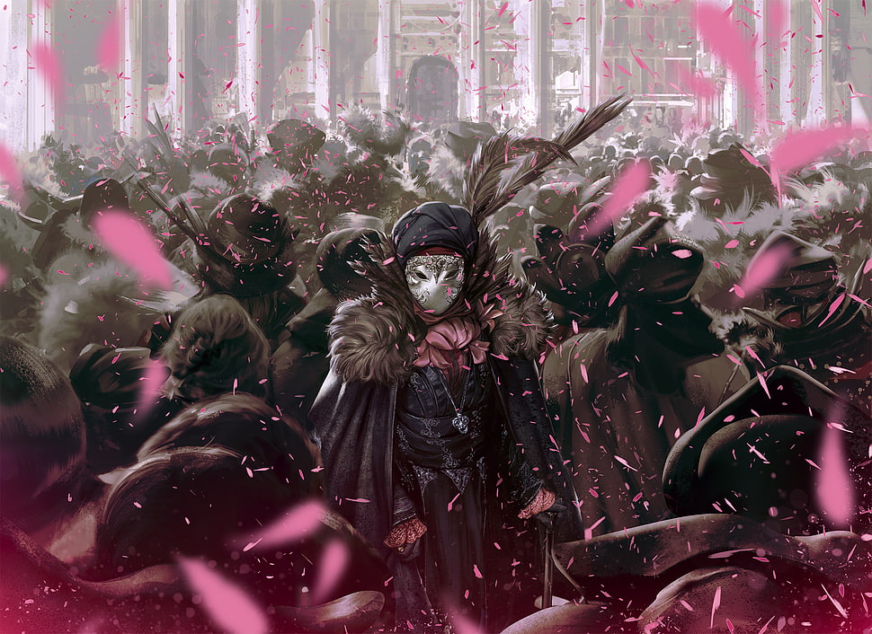 male anime character, assassins , mask, petals,  masquerade HD wallpaper