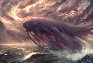 gray sea monster digital wallpaper, fantasy art, sea, clouds