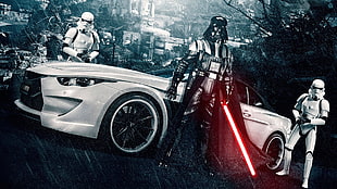 Star Wars digital wallpaper, Star Wars, Darth Vader, car, stormtrooper