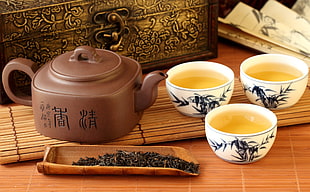 3 white ceramic tea pot with cups