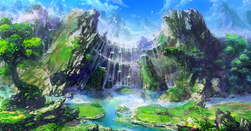 waterfalls surrounded by trees painting, drawing HD wallpaper
