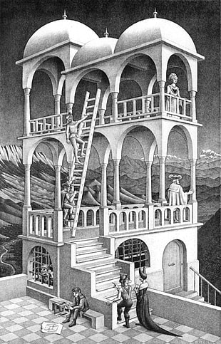 building illustration, artwork, optical illusion, M. C. Escher, monochrome