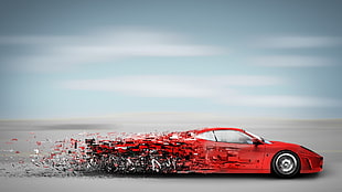 red car, digital art, sports car, red cars, clouds