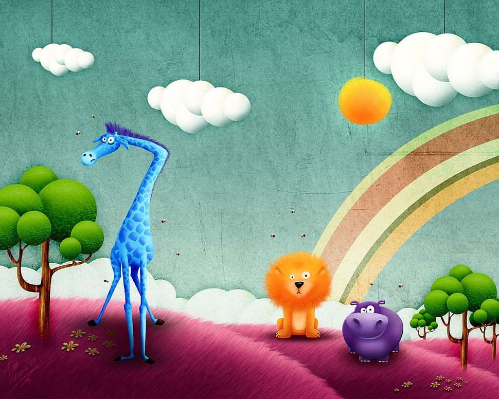 Hippopotamus Lion and giraffe illustration HD wallpaper