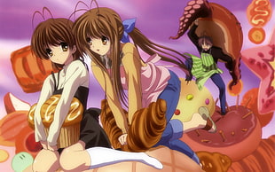 two brown haired female and man anime characters digital wallpaper