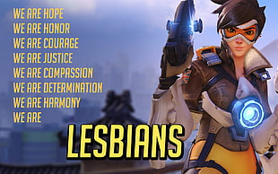 game application screenshot, Canon, Tracer (Overwatch), lesbians, Overwatch