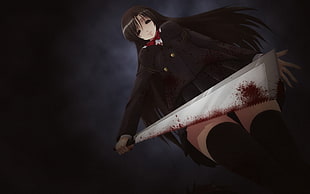 female anime character wearing black school uniform holding sword poster