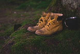 pair of brown boots on green moss tree