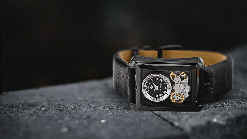 rectangular analog watch with black leather strap HD wallpaper