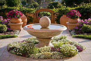 brown bird bath surrounded of cluster petaled flowers