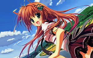 female anime character with orange hair digital wallpaper