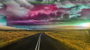 road in between grass field, glitch art HD wallpaper