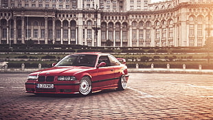 red BMW coupe, Bucharest, BMW E36, Stance, BMW