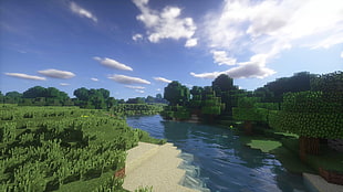 white and blue trees near body of water painting, landscape, Minecraft, shaders, river