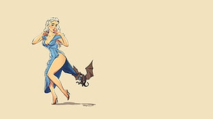woman in blue dress and black bat illustration HD wallpaper