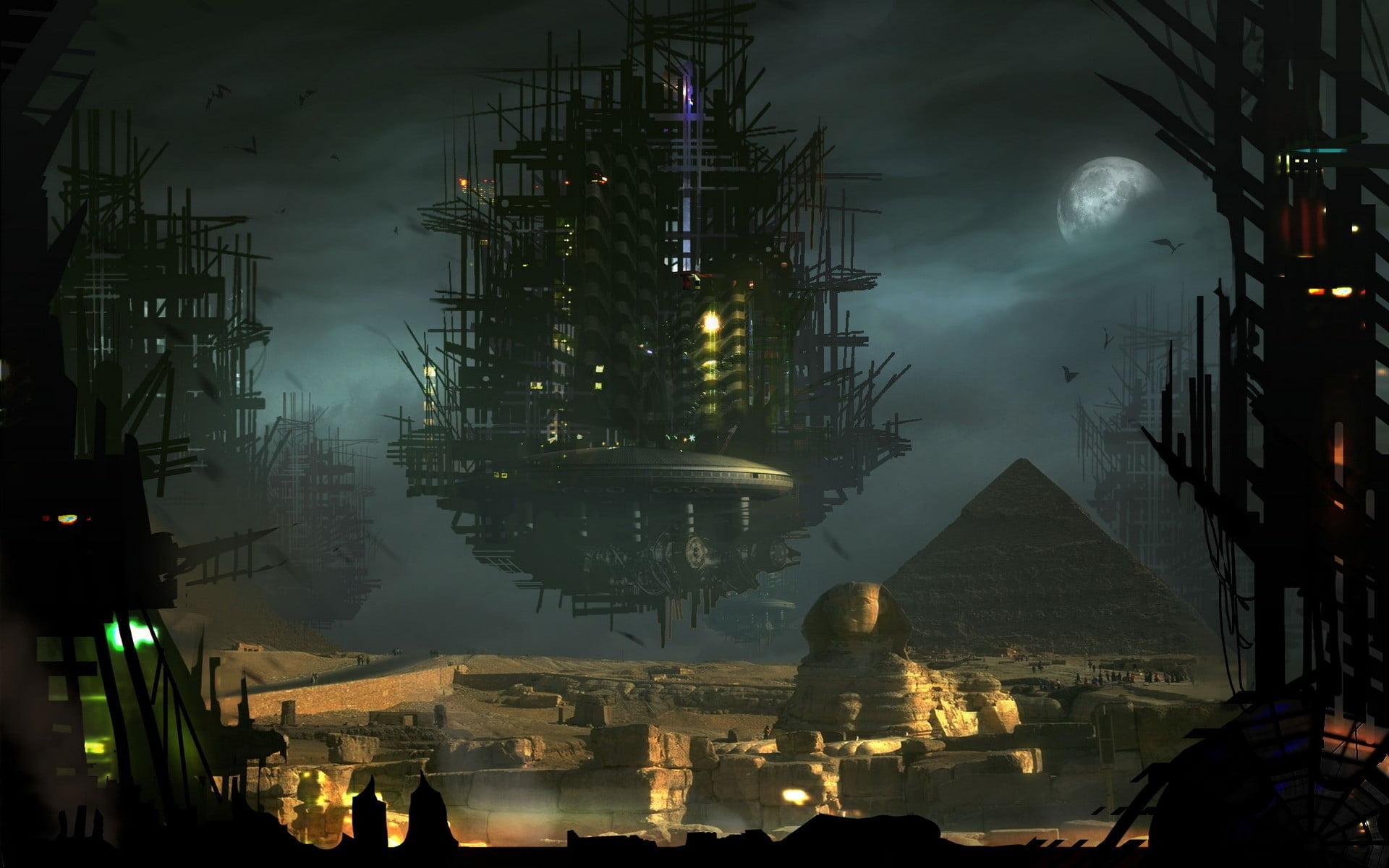black floating building near sphinx digital wallpaper, Egypt, Gods of Egypt
