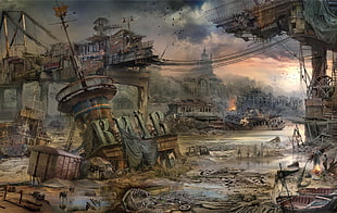 wrecked ship digital wallpaper, apocalyptic, Kiev, artwork, futuristic