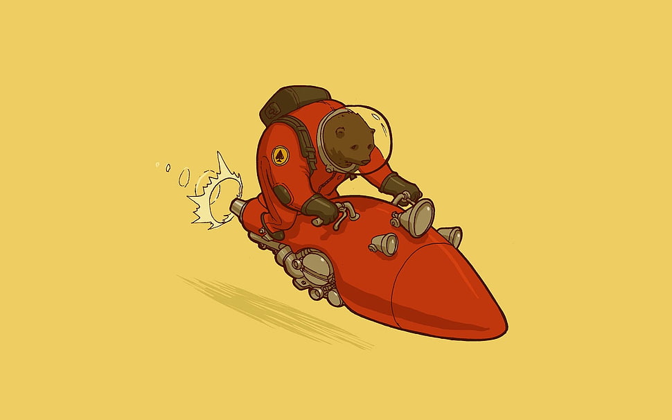 character illustration, bears, rocket, red, yellow HD wallpaper