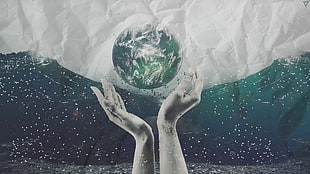 person holding green ball painting, digital art, collage, Earth, hands