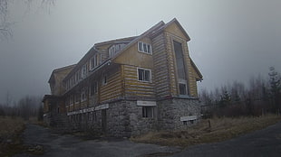 brown wooden house, abandoned, Slovakia, mist, building