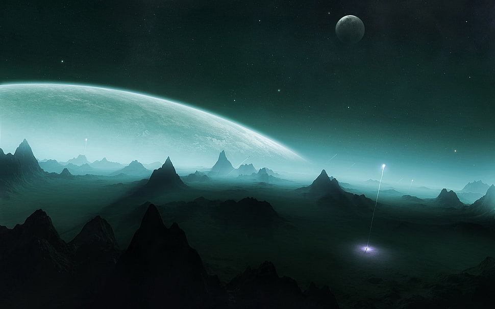mountains overlooking nighttime sky, space, planet, digital art HD wallpaper