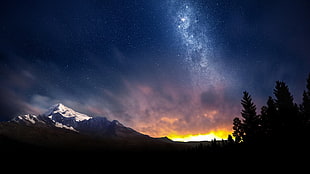 mountain silhouette, space, Milky Way, mountains, trees