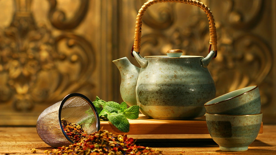 white and gray ceramic bowls and kettle HD wallpaper