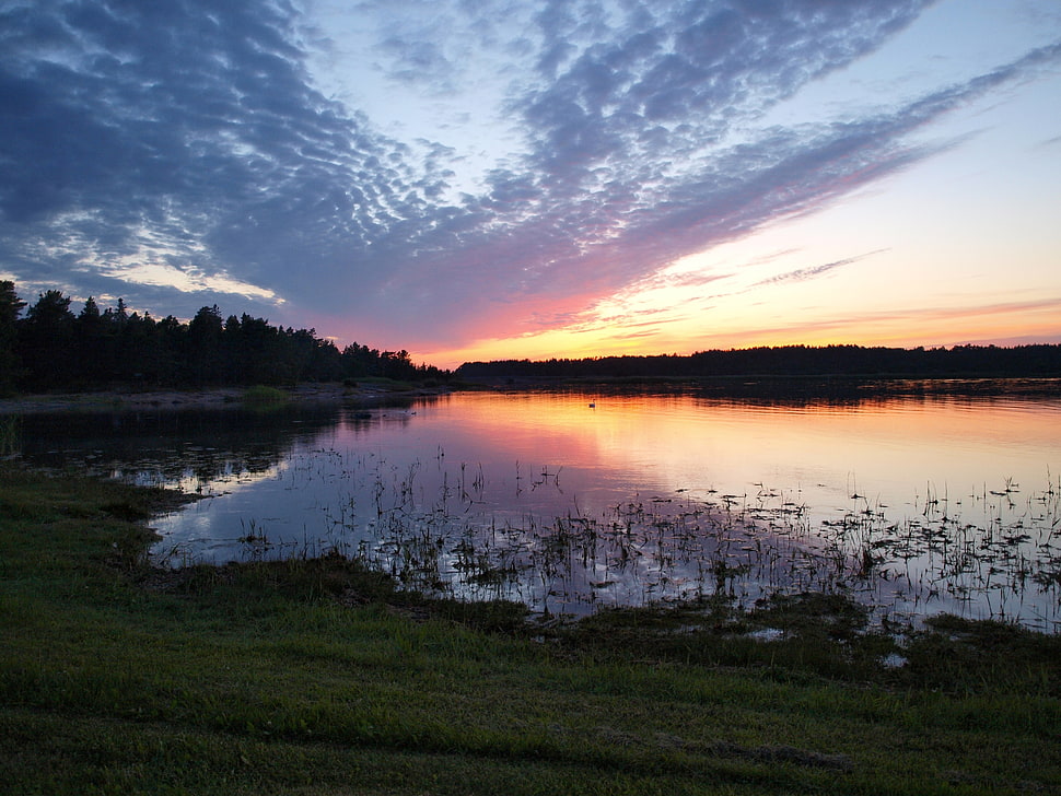 lake surrounded by trees under cloudy sky during sunset HD wallpaper