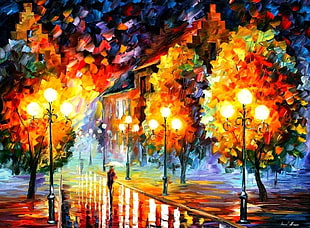 person holding umbrella walking in street beside streetlight painting