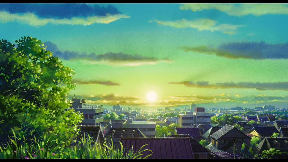 green trees animation, anime, landscape, cityscape, Sun HD wallpaper