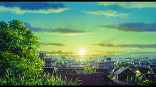 green trees animation, anime, landscape, cityscape, Sun