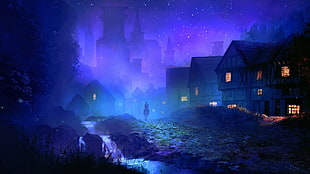 illustration of houses, town, fantasy art, fantasy city, night