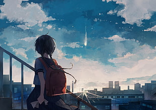 black-haired female anime character illustration, sky blue, clouds, sunrise, sun rays