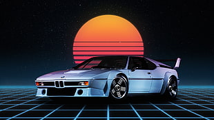 silver BMW coupe, bmw m1, Retro style, synthwave, German cars