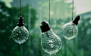 three silver light bulbs, water drops, lightbulb, rain, photography
