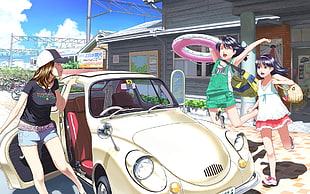 animated illustration of 3 person with gold beetle car