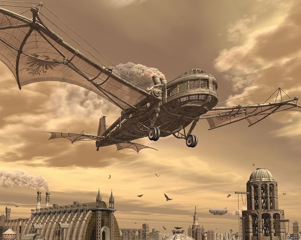 flying plane illustration, steampunk, artwork HD wallpaper