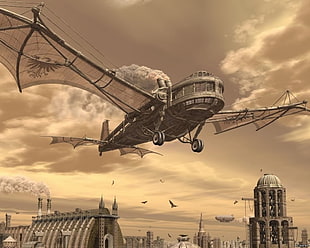 flying plane illustration, steampunk, artwork