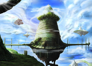 green and beige fairytale building with floating islands anime HD wallpaper