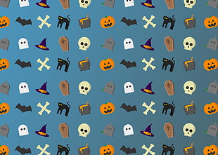 Skull, pumpkin, cat, and ghost logo HD wallpaper