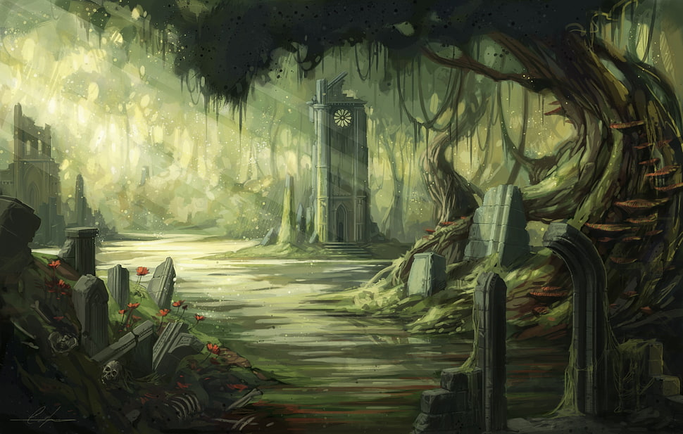 tree trunks painting, artwork, ruin, sun rays, forest HD wallpaper