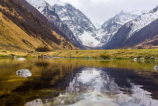 mountains covered with snow and grass near body of water during daytime