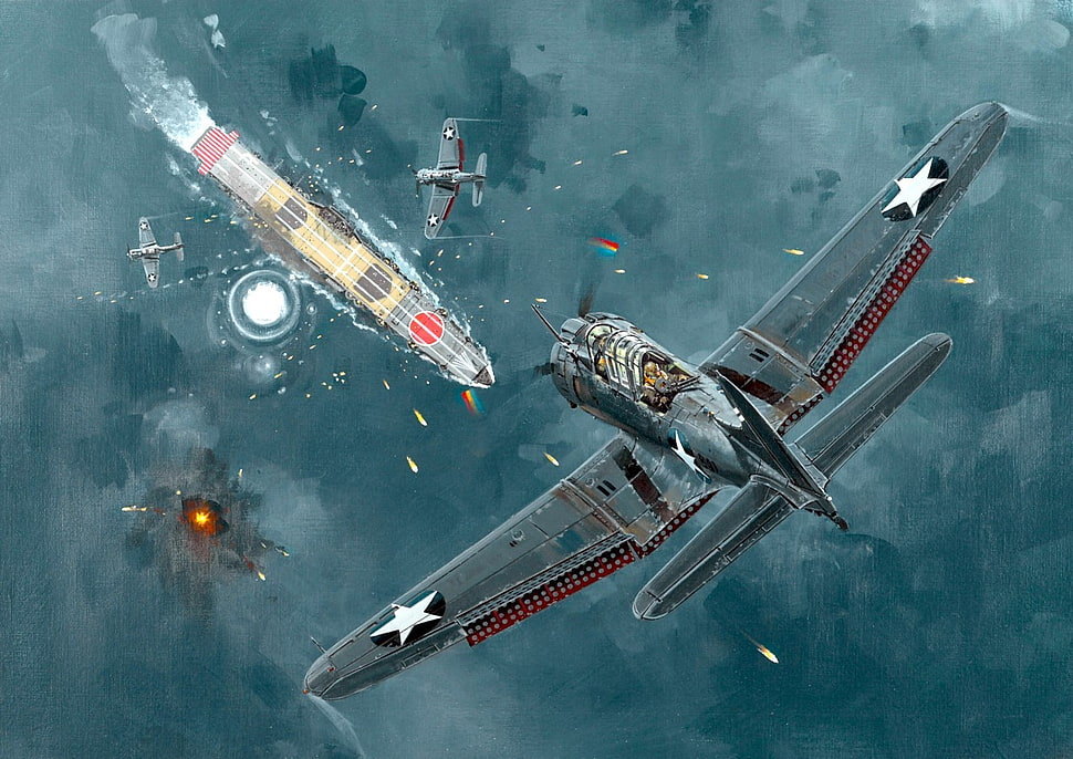 black and red airplane above ship wallpaper, World War II, McDonnell Douglas, Dauntless, Dive bomber HD wallpaper