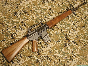 brown rifle, gun, assault rifle, AR-15, wood