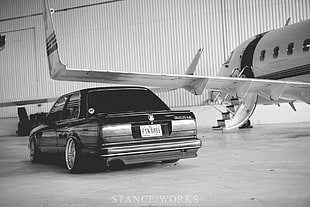 grayscale photo of sedan, BMW E30, BMW, monochrome, aircraft