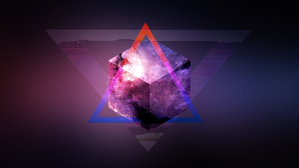 cube digital wallpaper, space, mix up, purple, triangle HD wallpaper