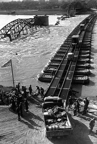 black and gray train rail, World War II, Pontoon Bridge, bridge, river HD wallpaper