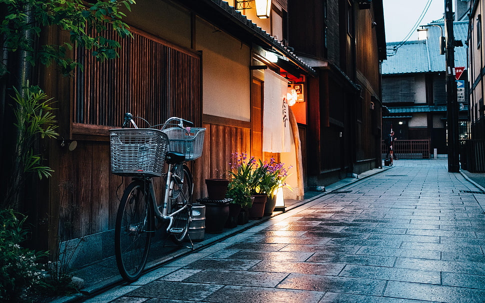 bike parked near house, street, Japan, house, bicycle HD wallpaper