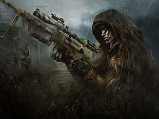man holding rifle game illustration, soldier, artwork, chey-tac